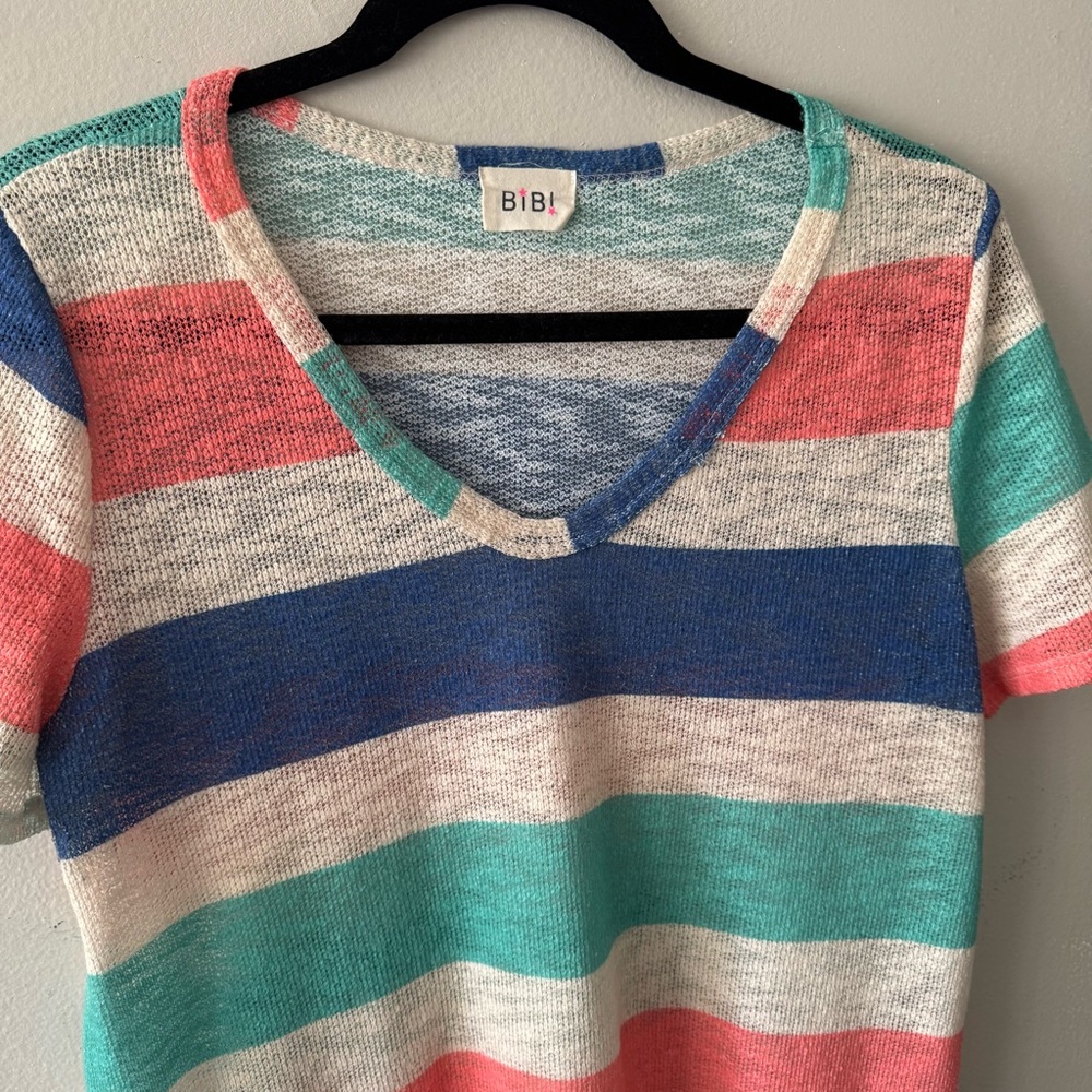 BiBi open knit v neck striped short sleeve top - Picture 9 of 14